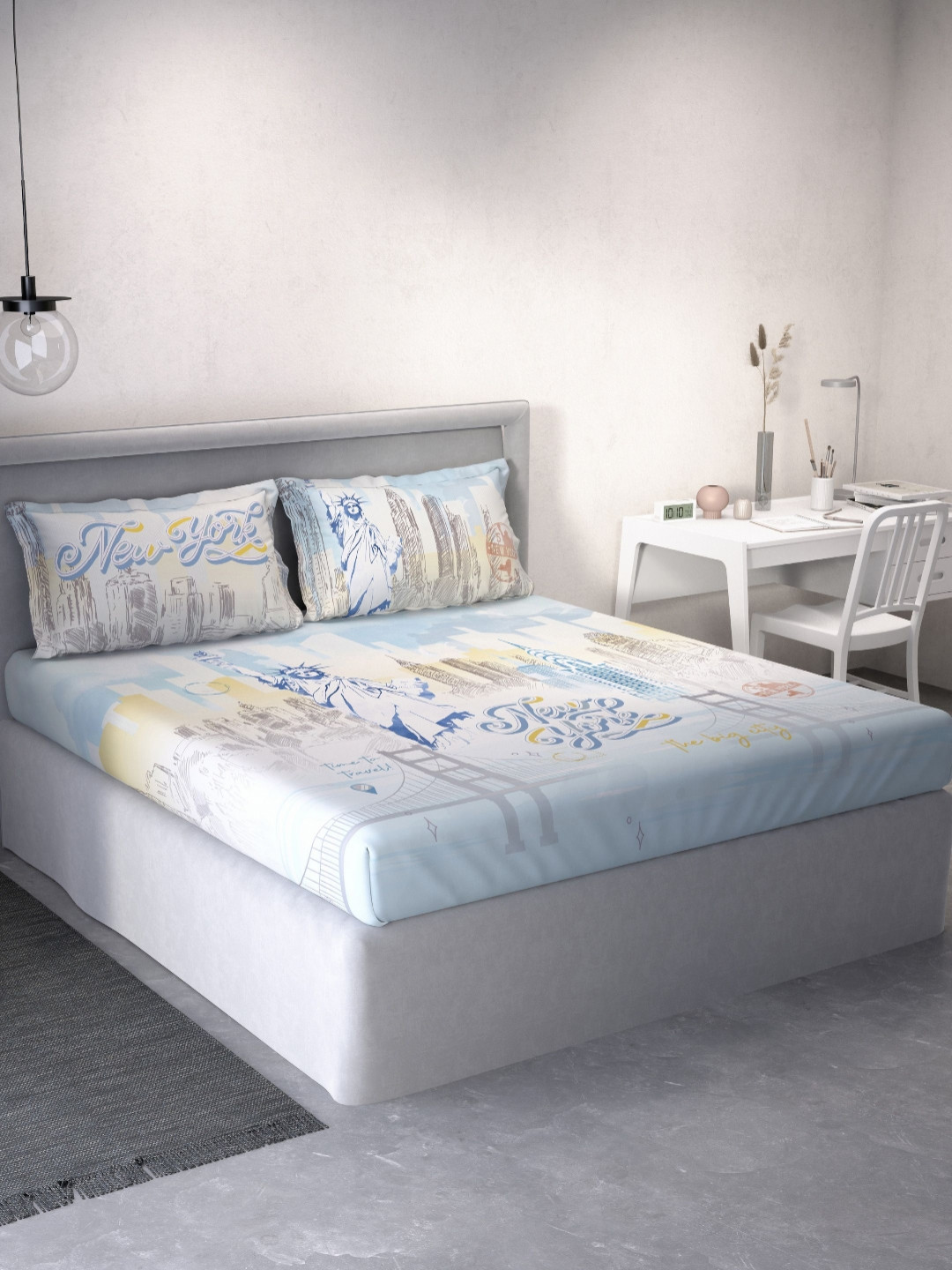 DDecor Live Beautiful Blue Graphic Cotton 144 TC Queen Bedsheet with 2 Pillow Covers-106 x 106 inches