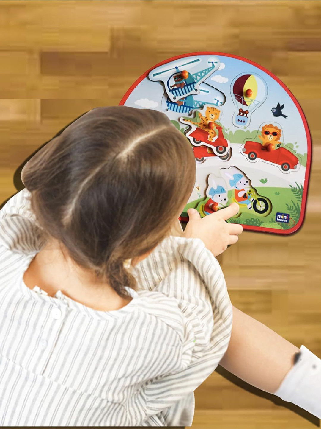 Mini Leaves Vehicles on The Go Montessori Shape Sorter Wooden Peg Puzzle for Kids 2+ Yrs