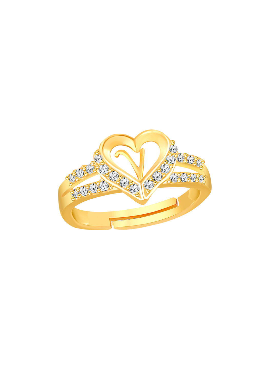 Lila V Letter Gold-Plated Cubic Zirconia Stone Studded Finger Ring