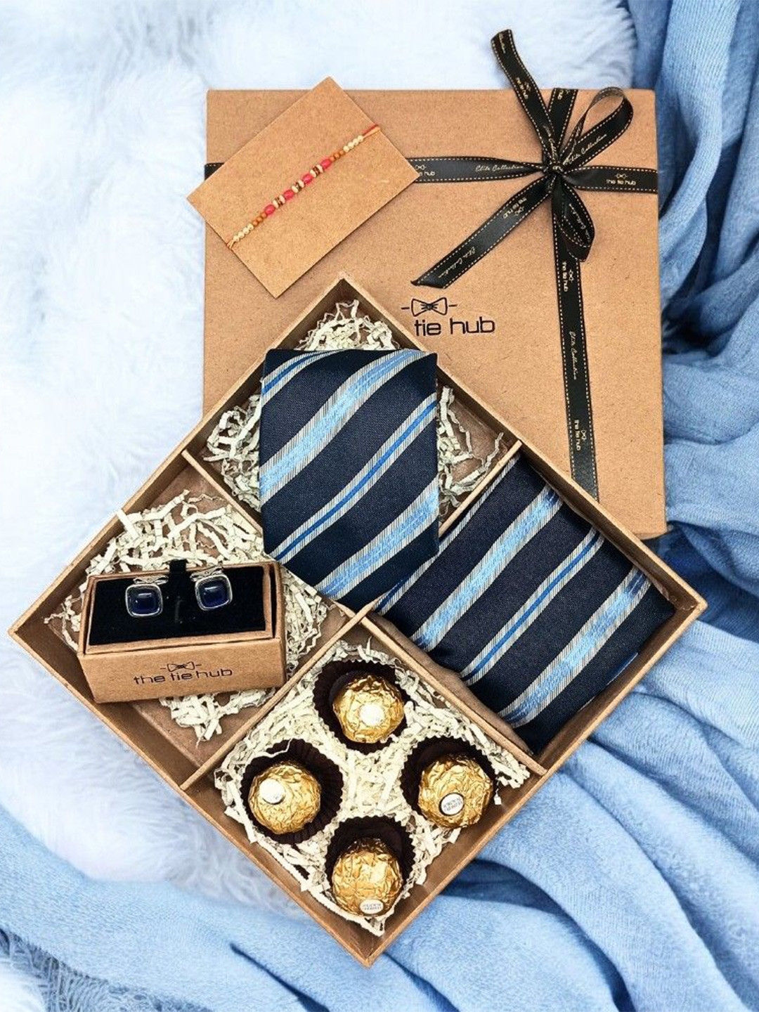 The Tie Hub Men Accessory Gift Set Of Tie Cufflinks Pocket Square With Chocolate & Rakhi