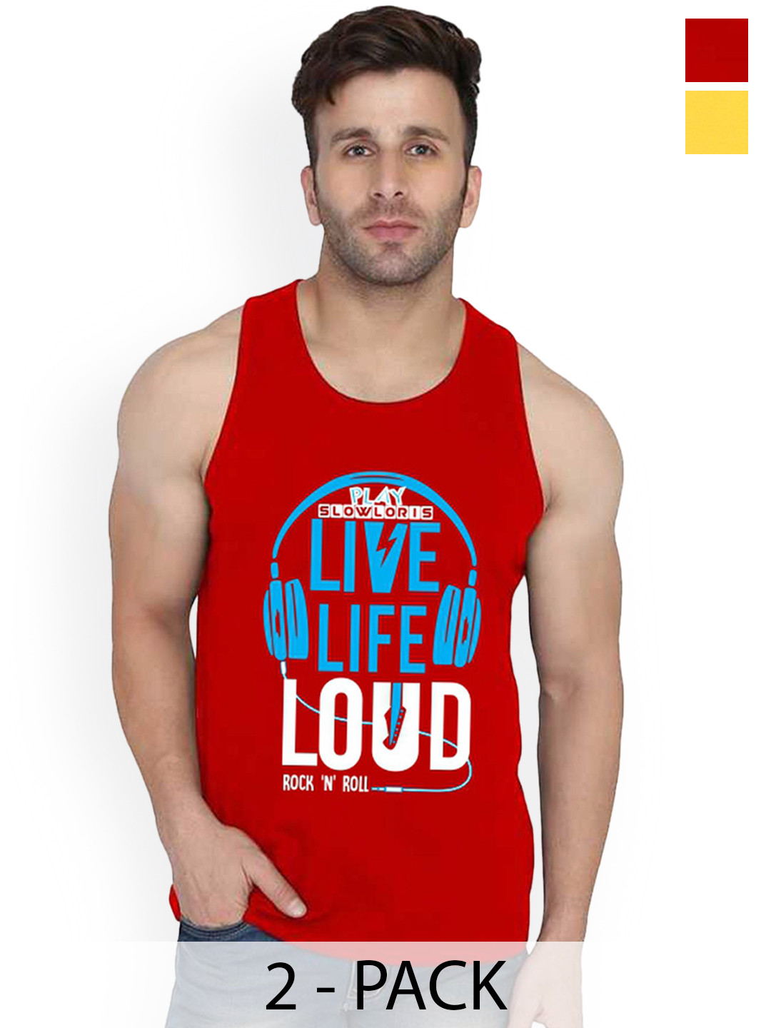 SLOWLORIS Pack Of 2 Printed Gym Vests SL26 COMBO (LOUD RED) (JUST YELLOW)