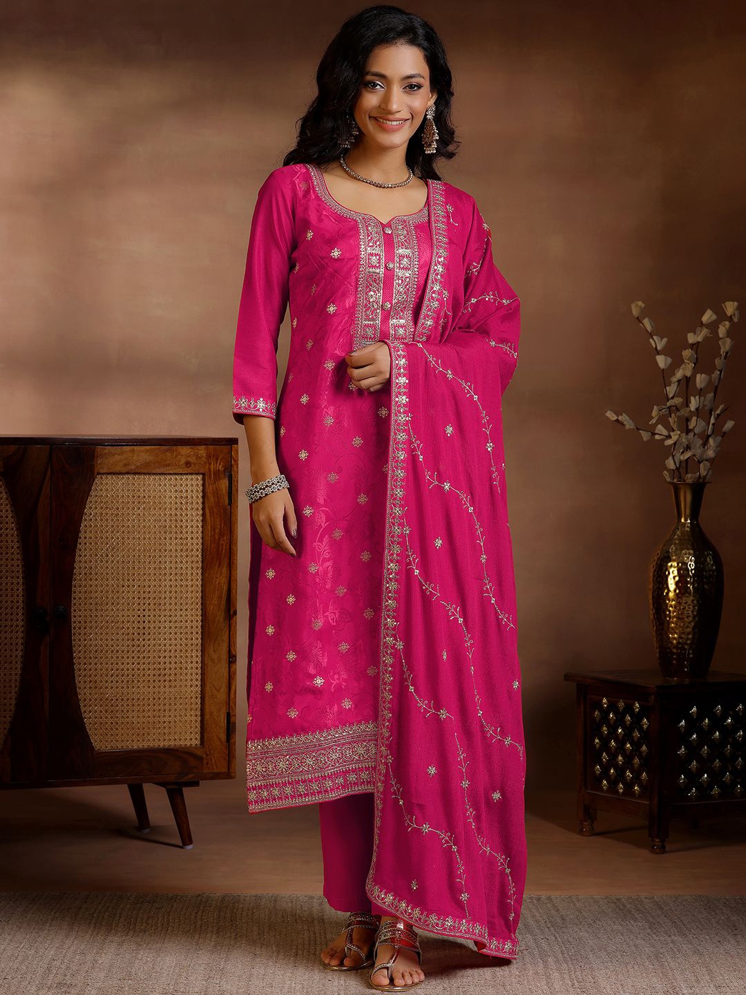 Libas Floral Woven Design Straight Kurta With Palazzos & With Dupatta - Kurta Sets for Women 30508095 | Myntra