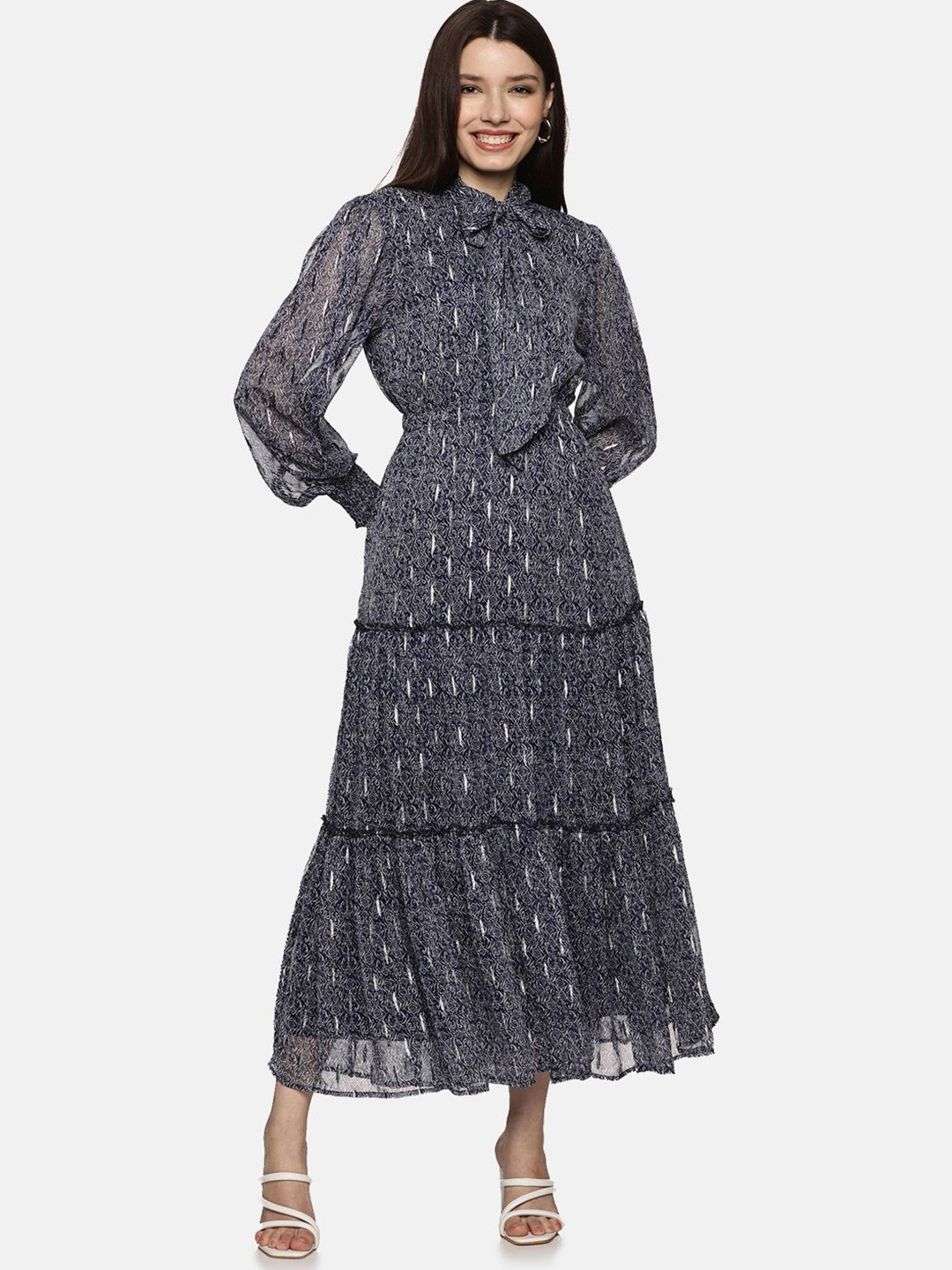 ISU Chiffon Printed Tie-Up Neck Fit & Flare Midi Dress