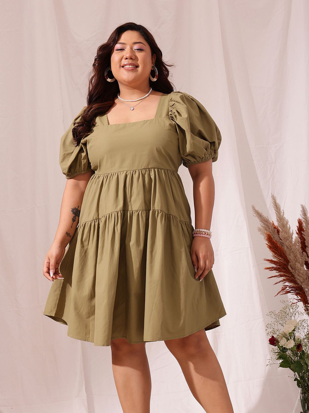 CURVY STREET Plus Size Square Neck Puff Sleeve Cotton A-Line Dress
