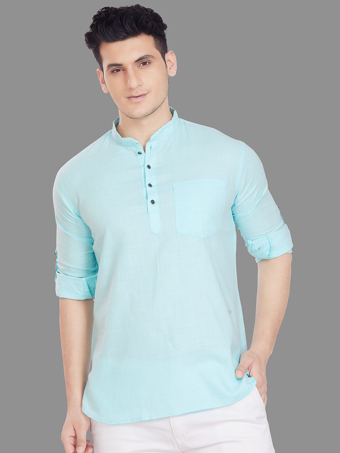 DIVISIVE Mandarin Collar Roll-Up Sleeves Pure Cotton Straight Short Kurta