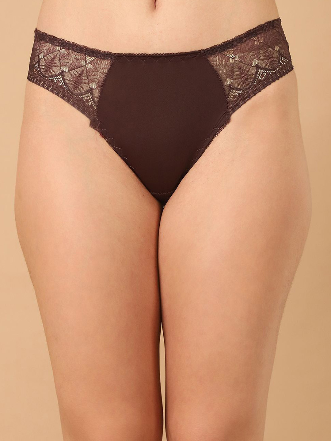 PrettyCat Anti Bacterial Mid Waist Lace Bikini Briefs-PC-PA-7018A-BRN-S