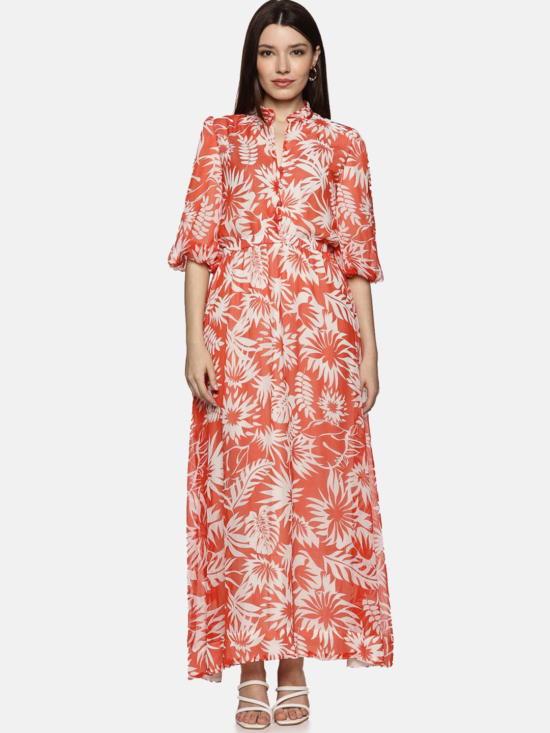 ISU Floral Printed Puff Sleeve Chiffon Maxi Dress