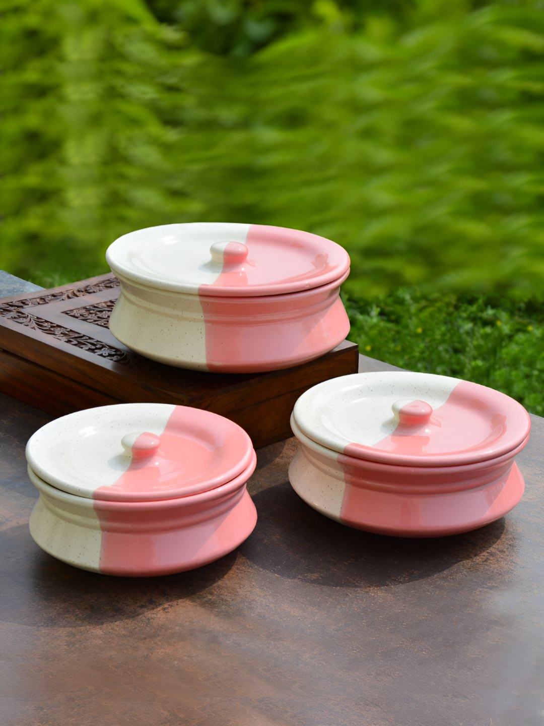 StyleMyWay 3-Pcs Off-White & Pink Ceramic Serving Handi With Lid