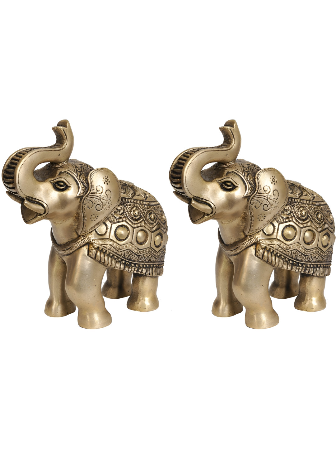 Exotic India Elephant Pair with Upraised Trunks Gold Brass Metallic Living Room Set of 2 Small Showpieces - 7 Inches