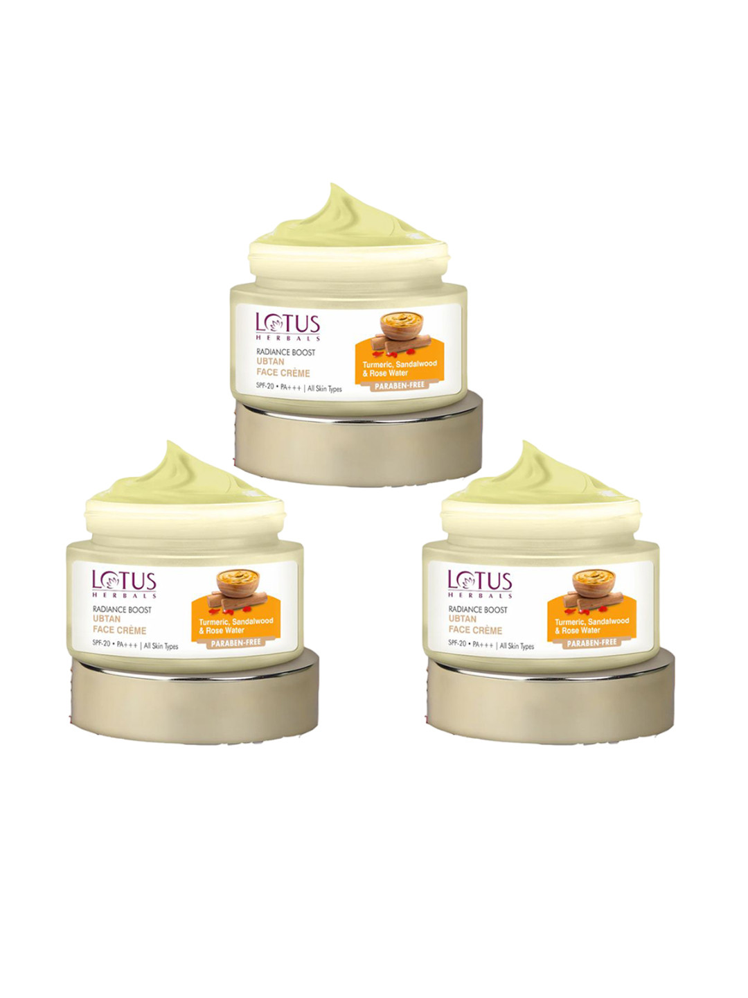 Lotus Herbals Set Of 3 SPF20 PA+++ Radiance Boost Ubtan & Turmeric Face Cream- 50g Each