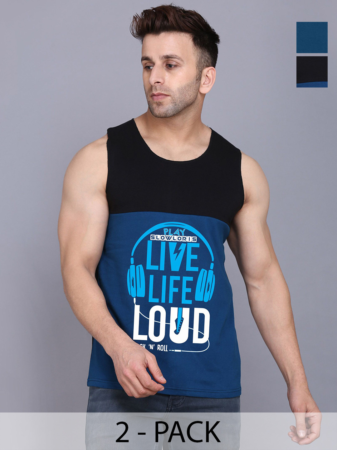 SLOWLORIS Men Pack Of 2 Typography Printed Round Neck Cotton Slim Fit T-Shirts