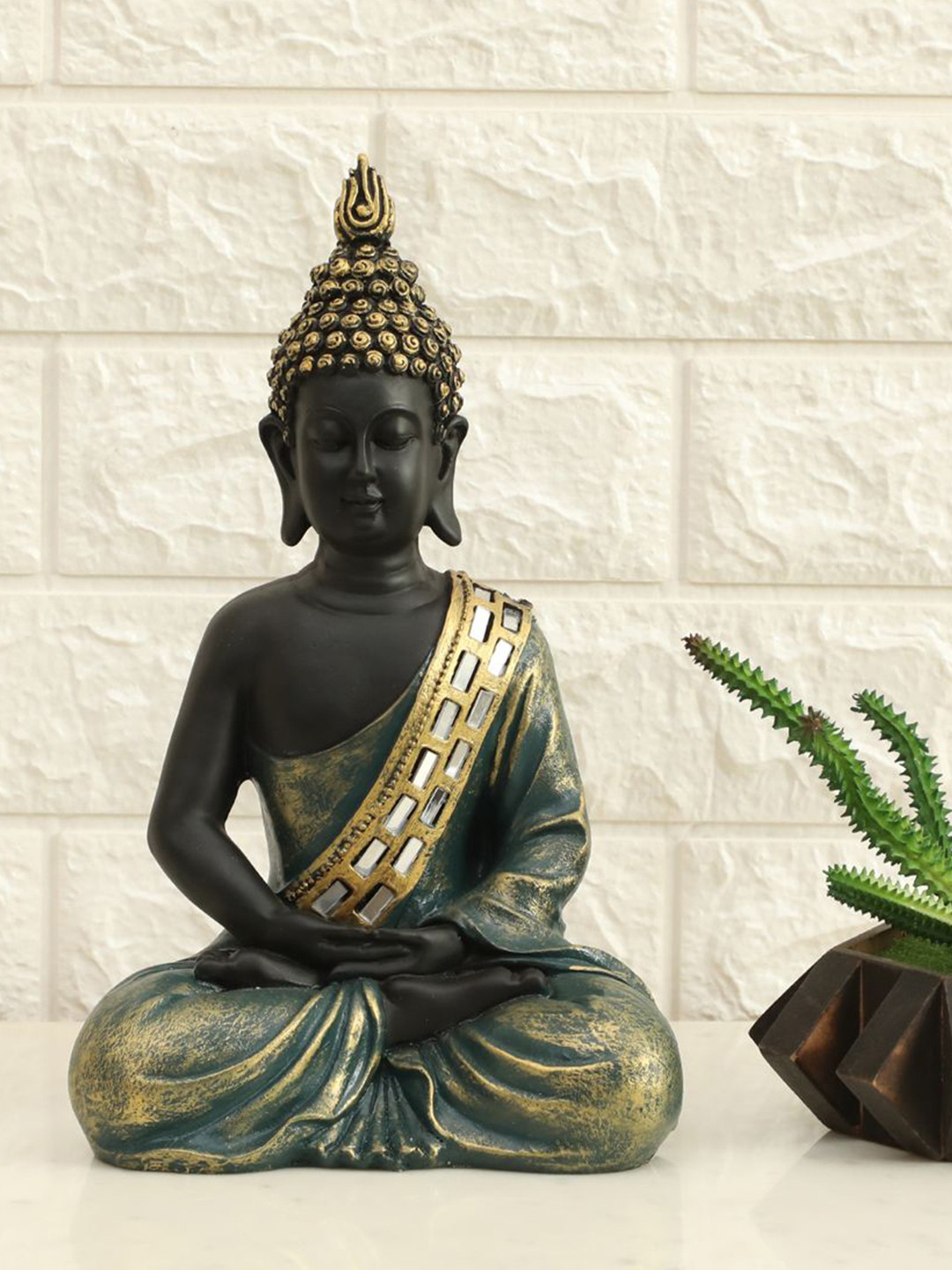 vedas S-Myat Buddha Black Polyresin Matte Living Room Medium Showpiece - 11 Inches