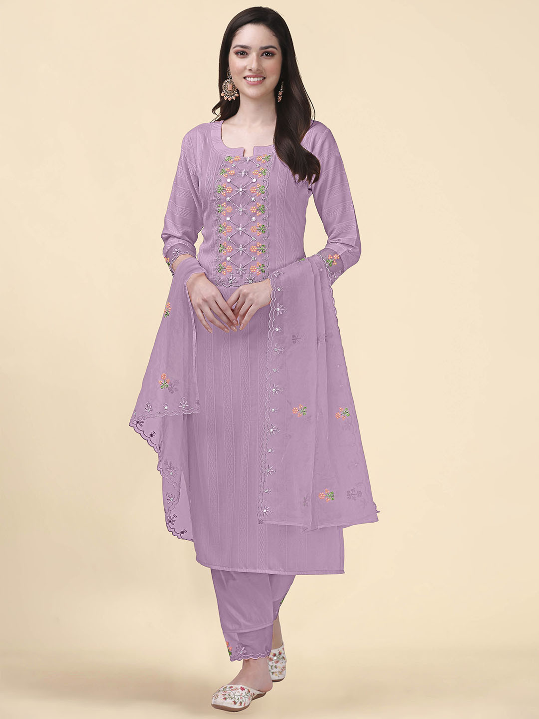 Trendmalls Floral Embroidered Mirror Work Kurta with Trousers & Dupatta