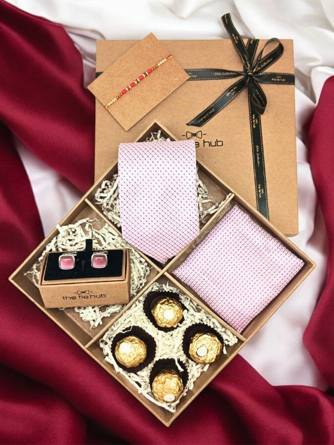 The Tie Hub Men Accessory Gift Set Of Tie Cufflinks Pocket Square With Chocolate & Rakhi