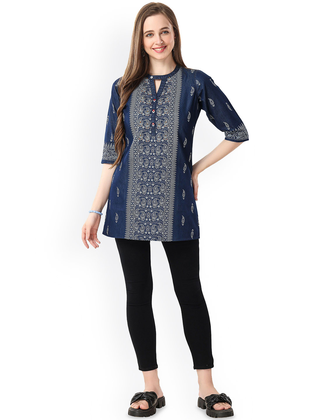 keshubaba Floral Printed Keyhole Neck Denim Straight Kurti