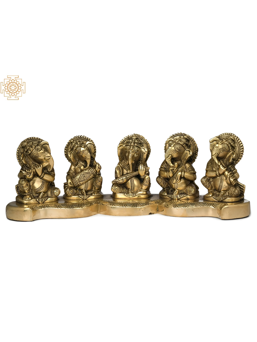 Exotic India Five Musical Ganeshas Gold Brass Metallic Home Office Music Small Showpiece - 3.7 Inches