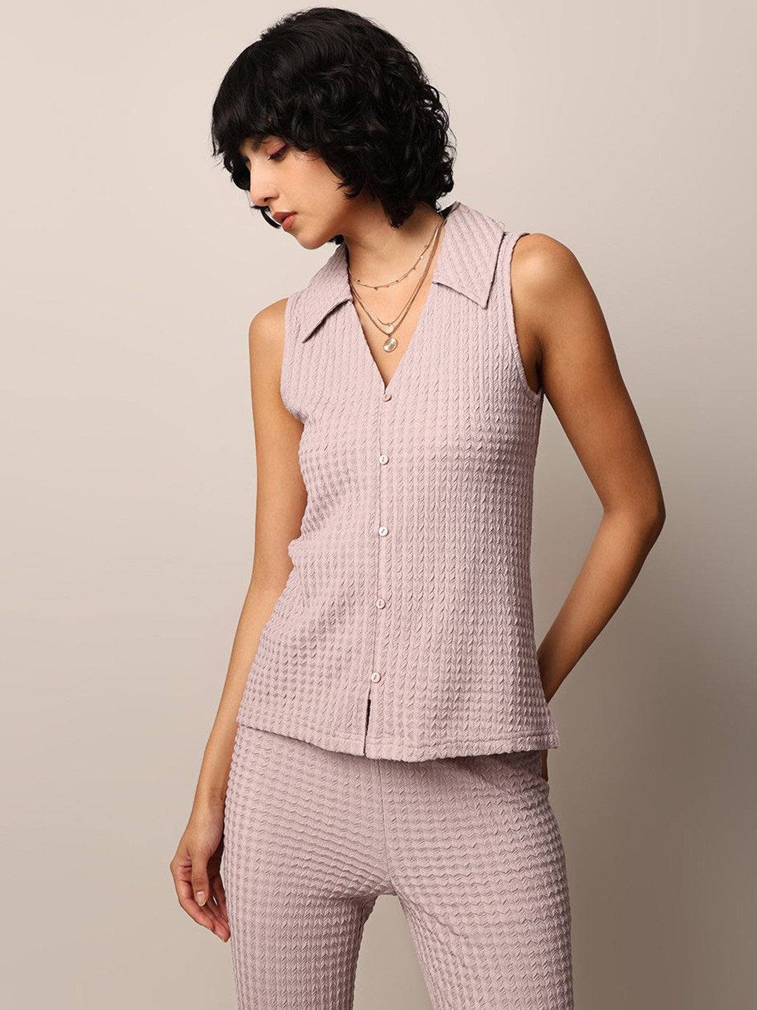 ONLY Women Self Design Shirt Collar Top