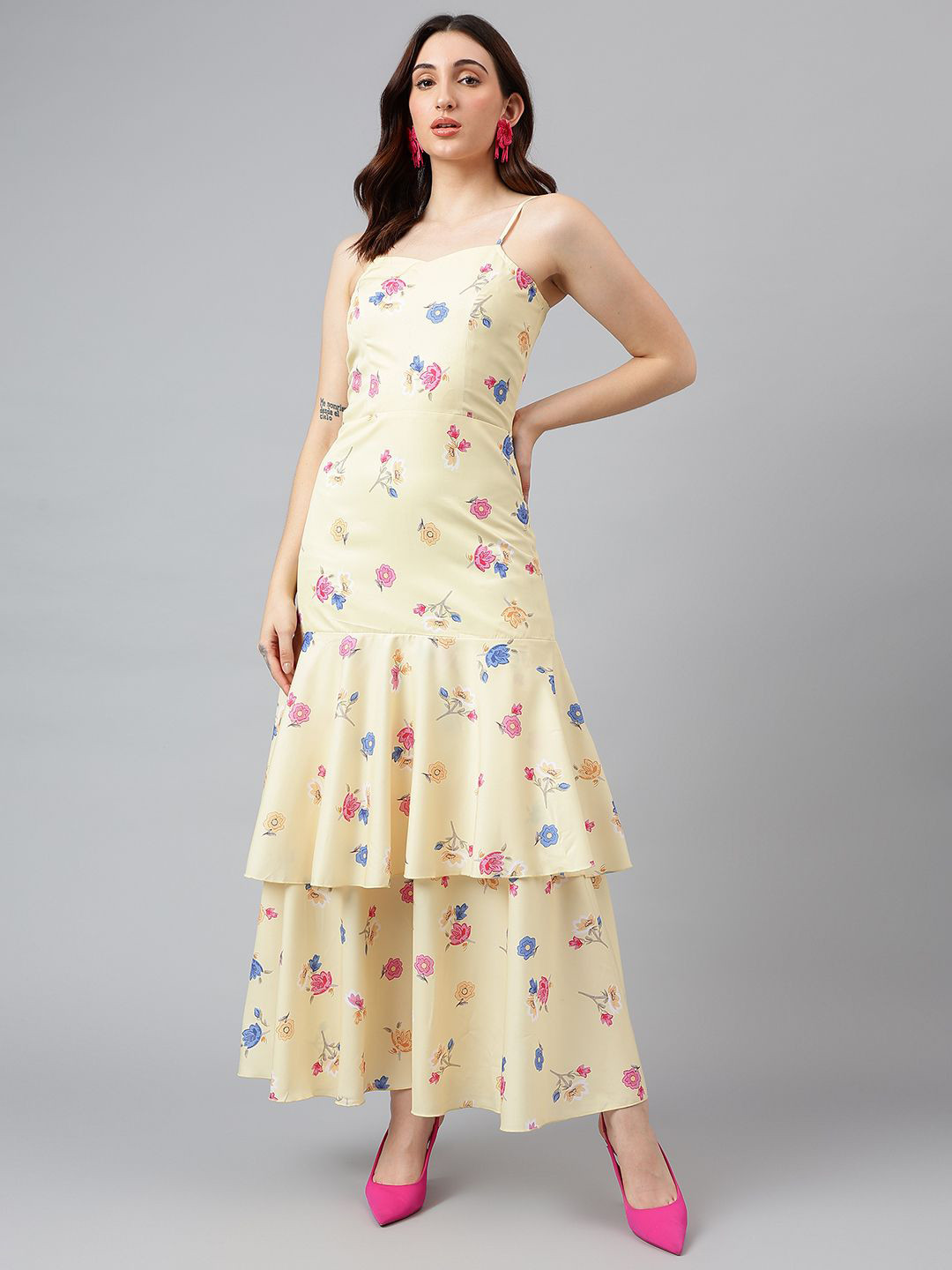 TRYMISFIT Floral Printed Shoulder Straps Layered Maxi Dress