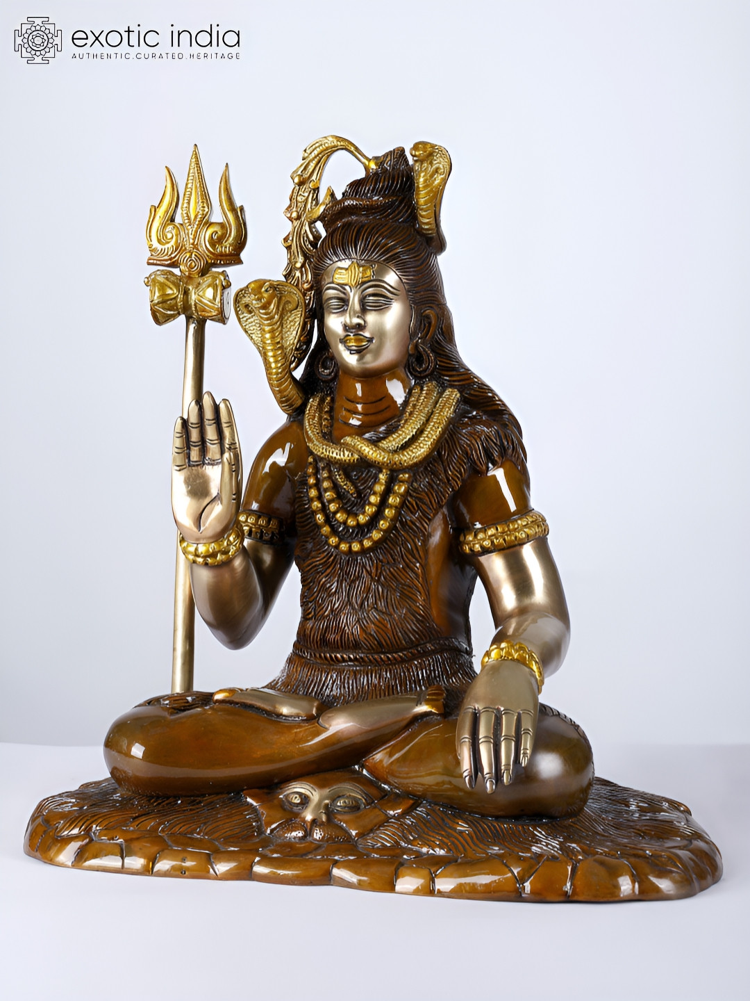 Exotic India Mahadeva Shiva in Ashirwad Mudra Brown Brass Metallic Living Room Hand Made Medium Showpiece - 14.7 Inches