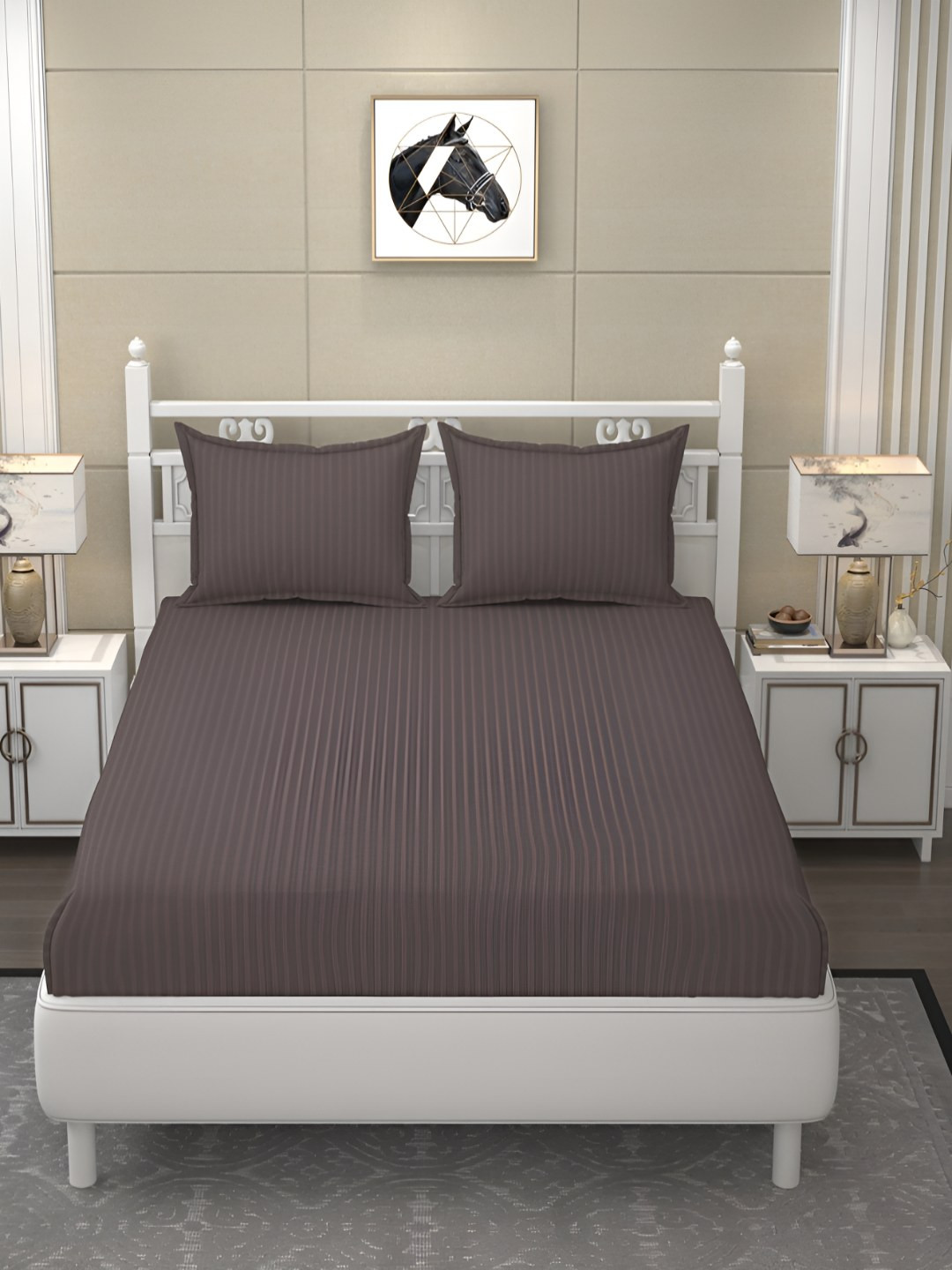 B' Decorlish Camel Brown Striped Cotton 210 TC King Fine Bedsheet with 2 Pillow Covers-108 x 108 inches