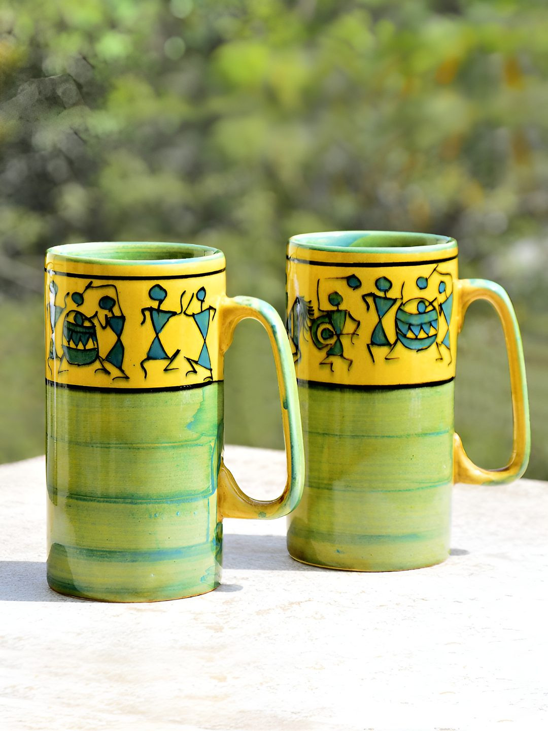 StyleMyWay 2Pcs Green & Yellow Printed Ceramic Beer Glass