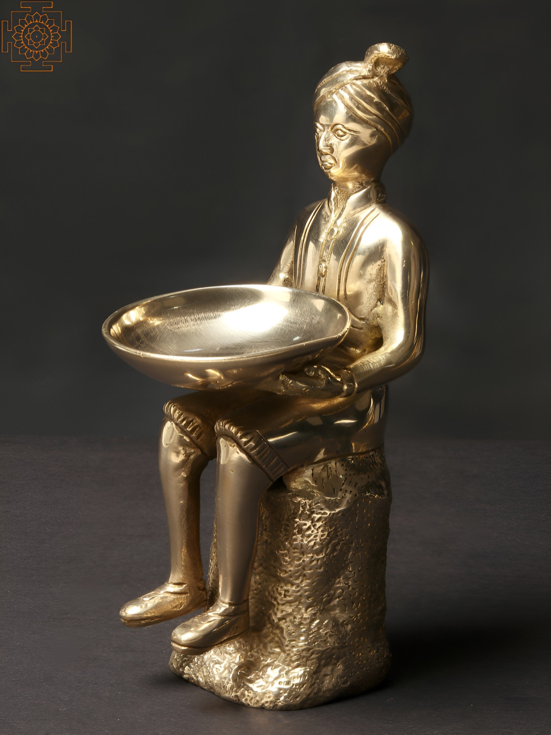 Exotic India Turban-Clad Man Carrying Bowl Gold Brass Metallic Living Room Medium Showpiece - 8.2 Inches