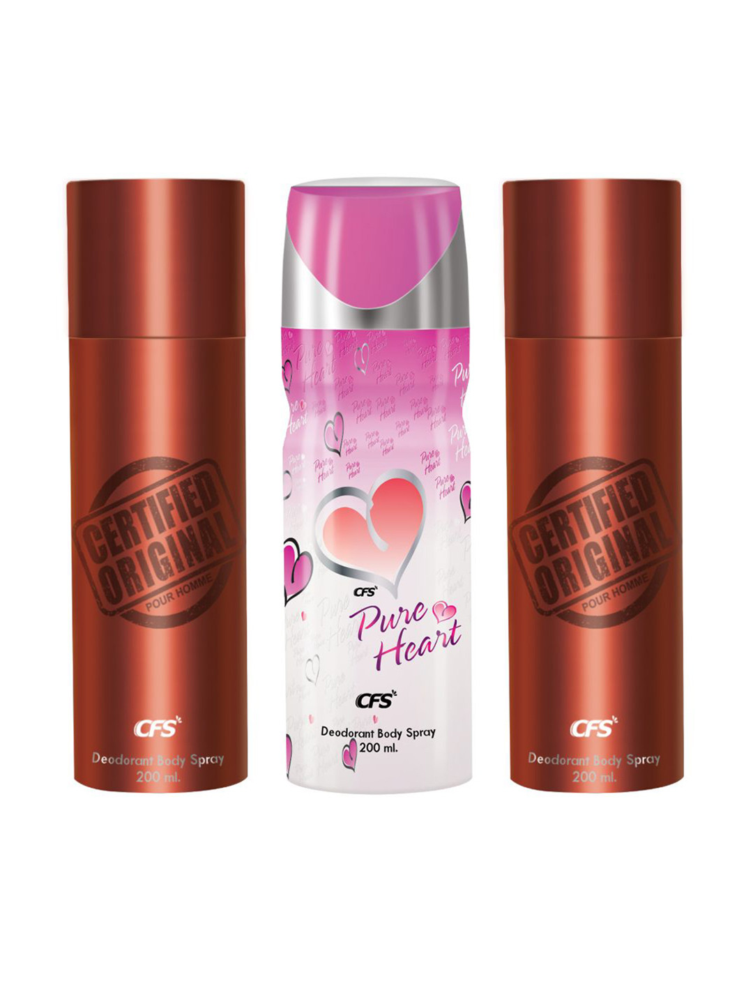 CFS Set Of 3 Certified Original & Pure Heart Long Lasting Deodorant Body Spray- 200ml Each