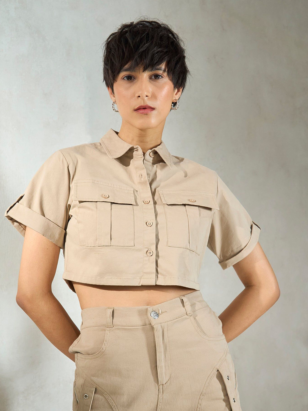 Virgio Cotton Stretch Buckle-Up Crop Shirt