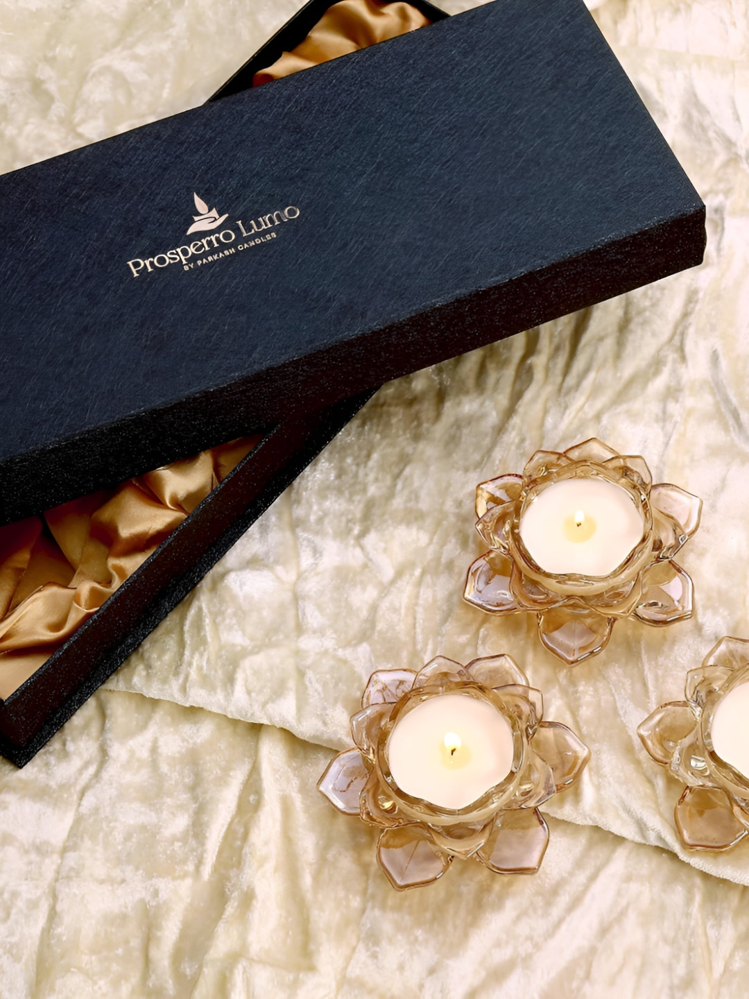 Parkash Candles Luxury Luminous Golden Crystal Lotus 3Pcs Scented Solid Tea Light Candles