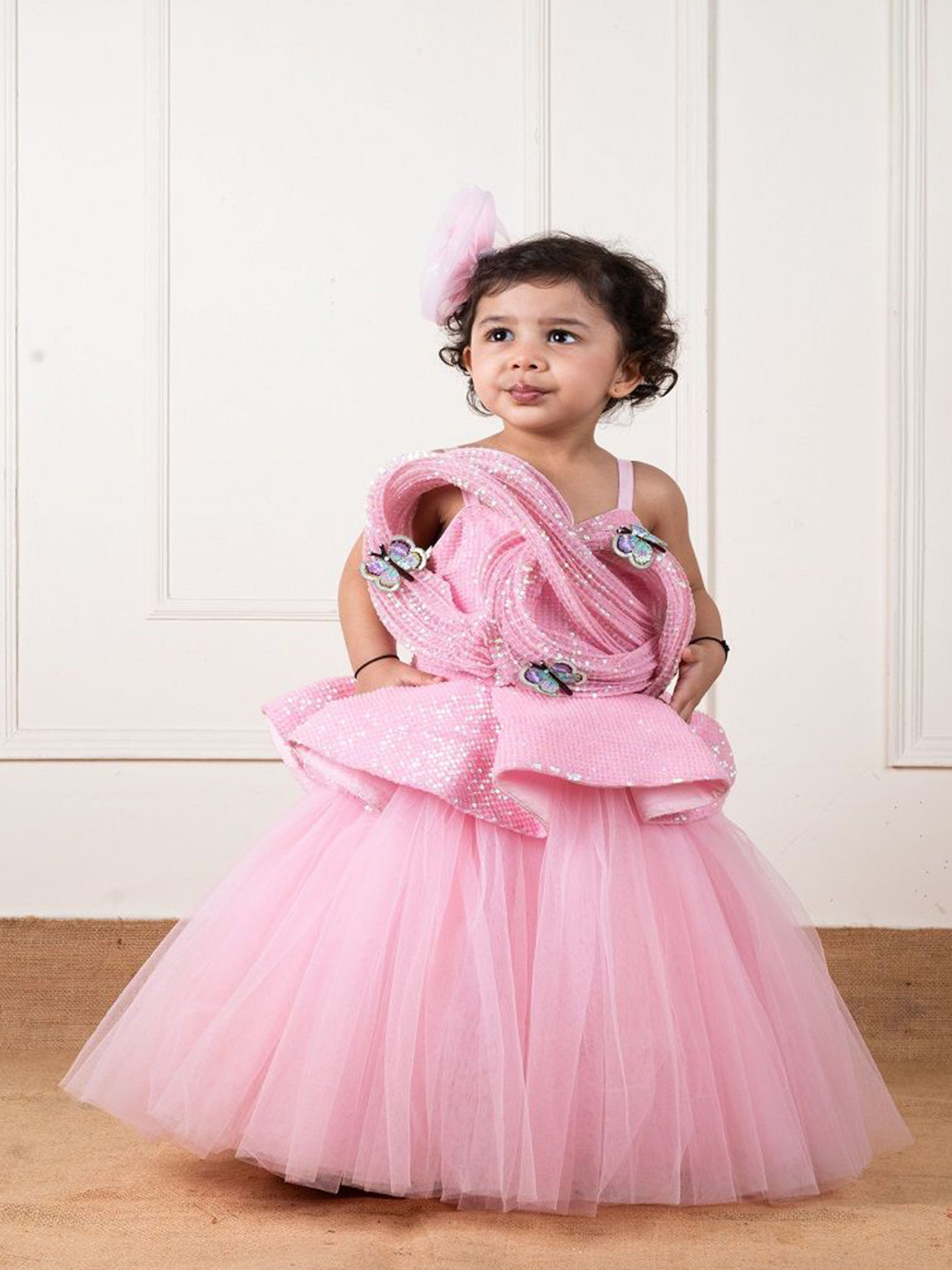 Li'l Angels Girls Shoulder Strap Sequins Draped Butterfly Gown