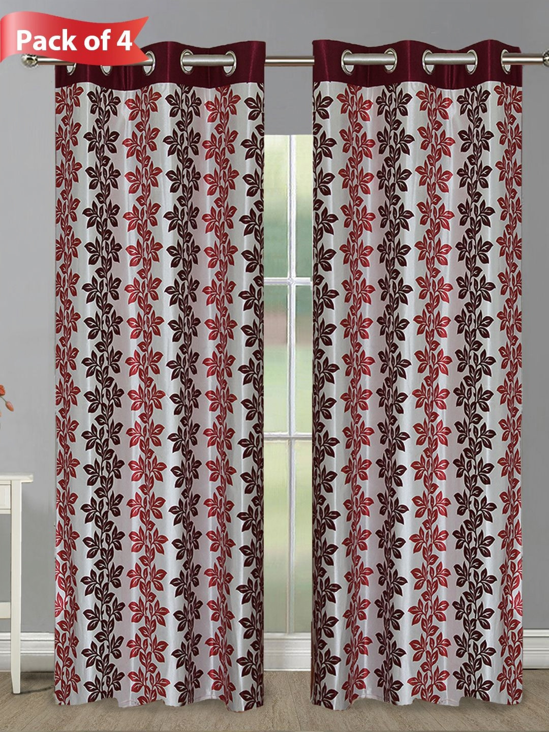 Aura Maroon & Black Set of 4 Floral Door Curtains