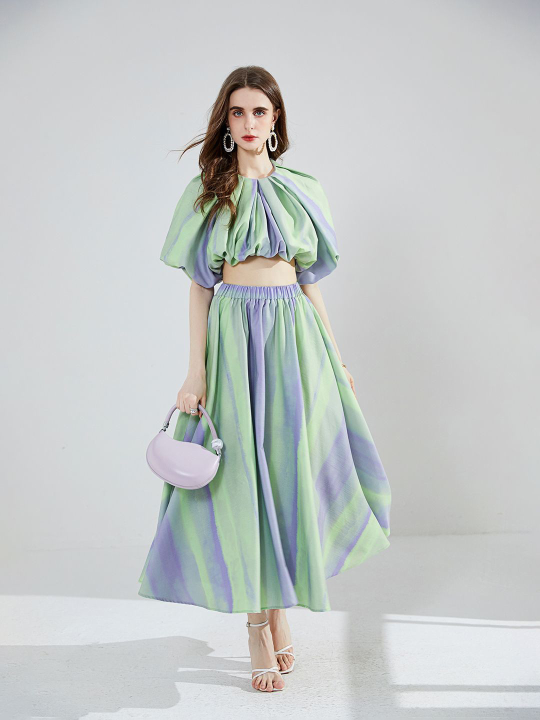 JC Collection Tie & Dye Printed Blouson Casual Crop Top With Midi Skirt