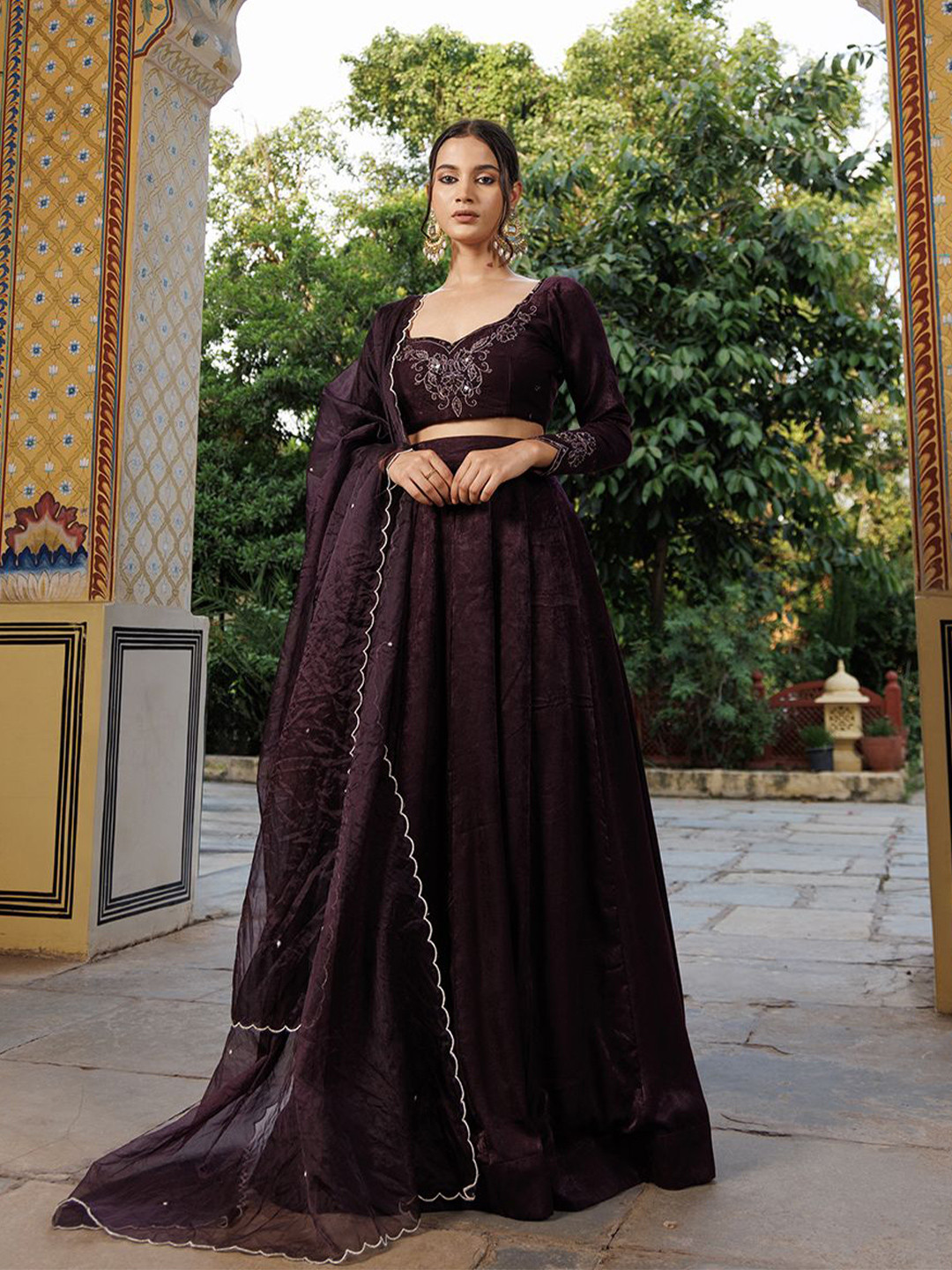 Ragavi Embroidered Velvet Mirror Work Ready to Wear Lehenga & Blouse With Dupatta