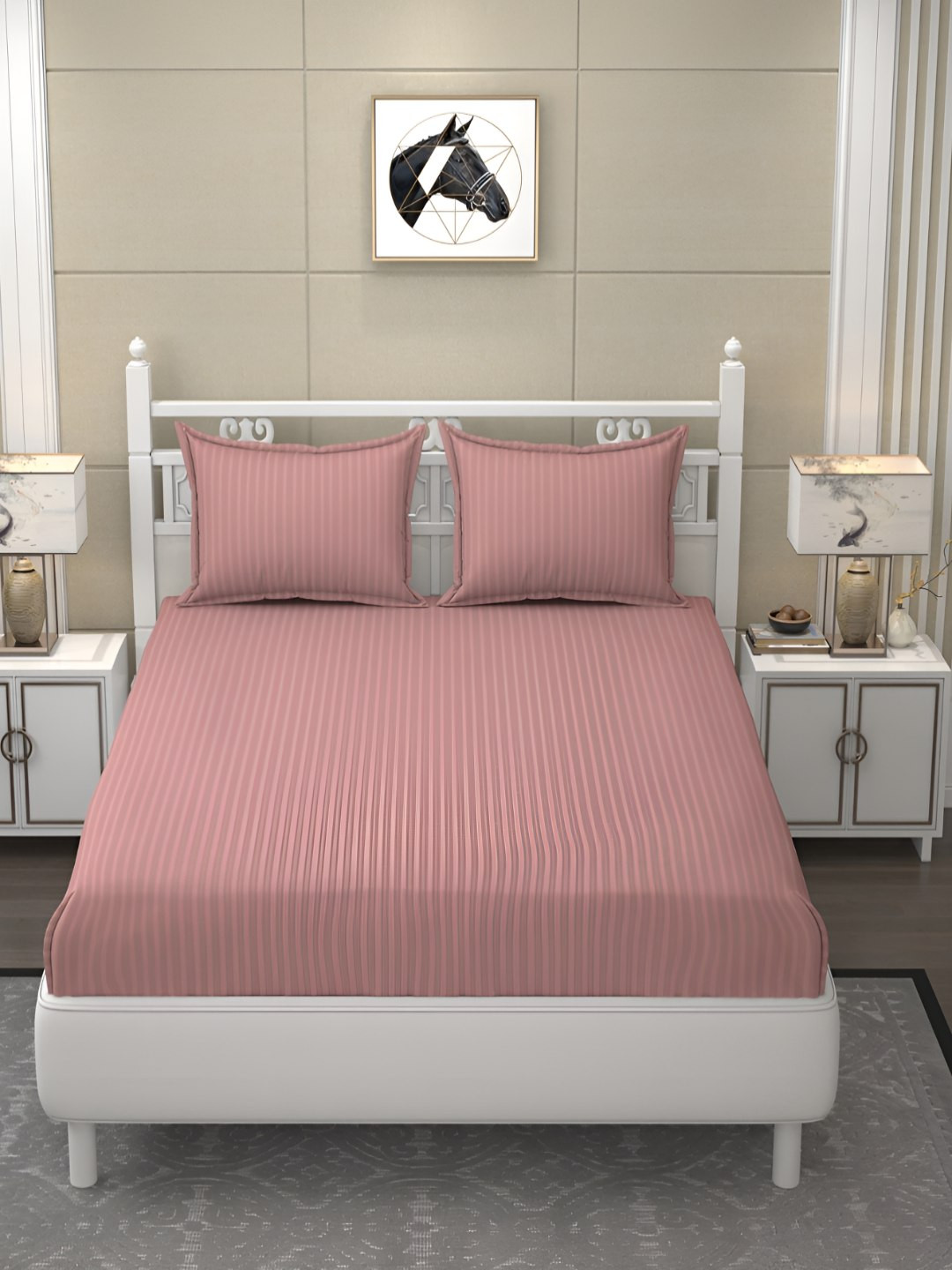 B' Decorlish Peach Striped Satin 210 TC King Fine Bedsheet with 2 Pillow Covers-274 x 274 cm