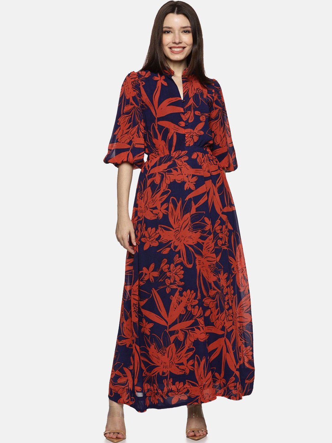 ISU Floral Printed Baloon Sleeve Chiffon Maxi Dress