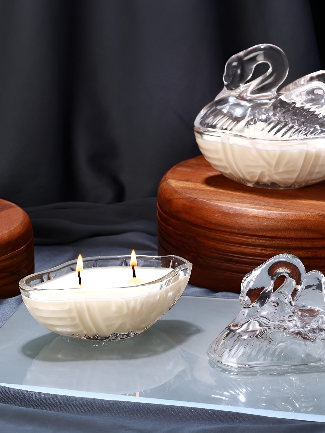 Parkash Candles Premium Glass Swan Soy Wax 2 Wick Scented Solid Diya Candles