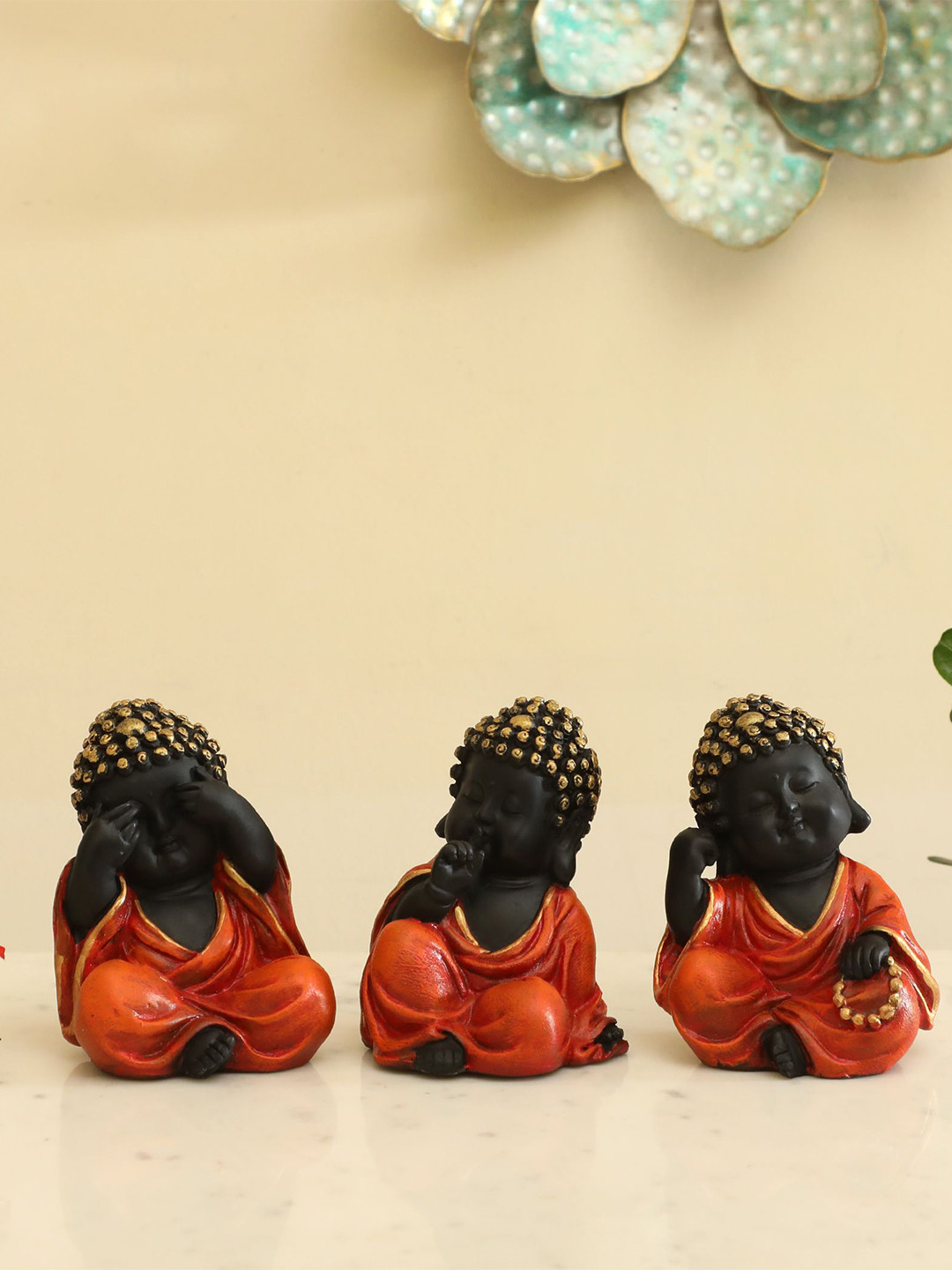 vedas S-Stella Monk Orange Polyresin Matte Prayer Room Set of 3 Small Showpieces - 5.1 Inches