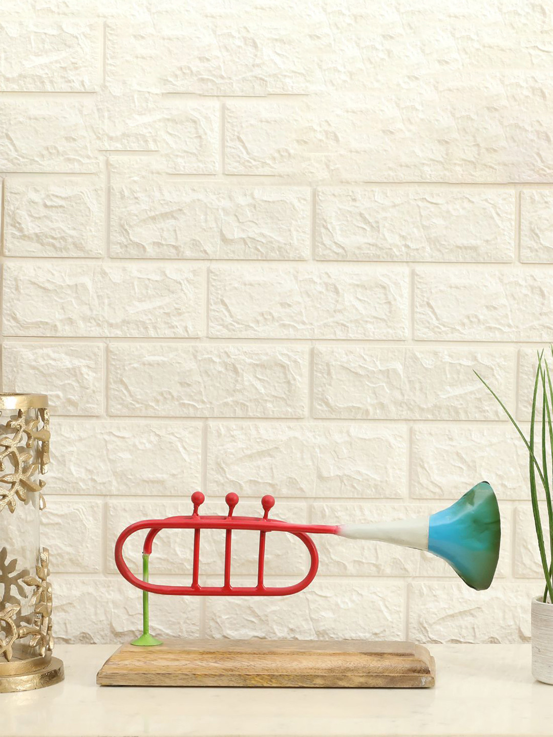 vedas F-Cornet Trumpet Red Metal Metallic Living Room Large Showpiece - 16.1 Inches