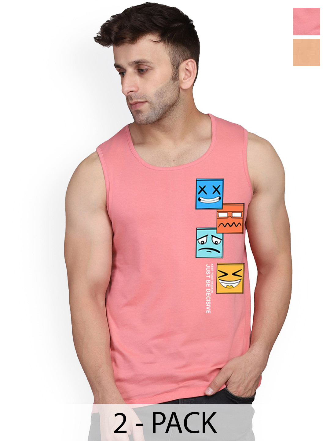 SLOWLORIS Pack Of 2 Printed Sleeveless Gym Vests-SL26 COMBO (LOUD RUST) (JUST PEACH)