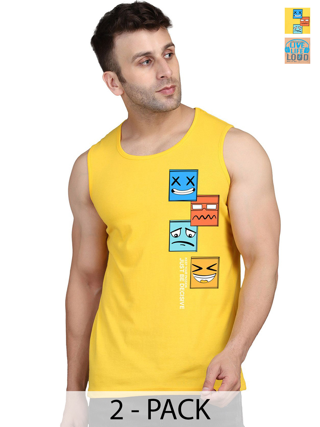 SLOWLORIS Pack Of 2 Printed Gym Innerwear Vests SL26 COMBO (LOUD RUST) (JUST YELLOW)