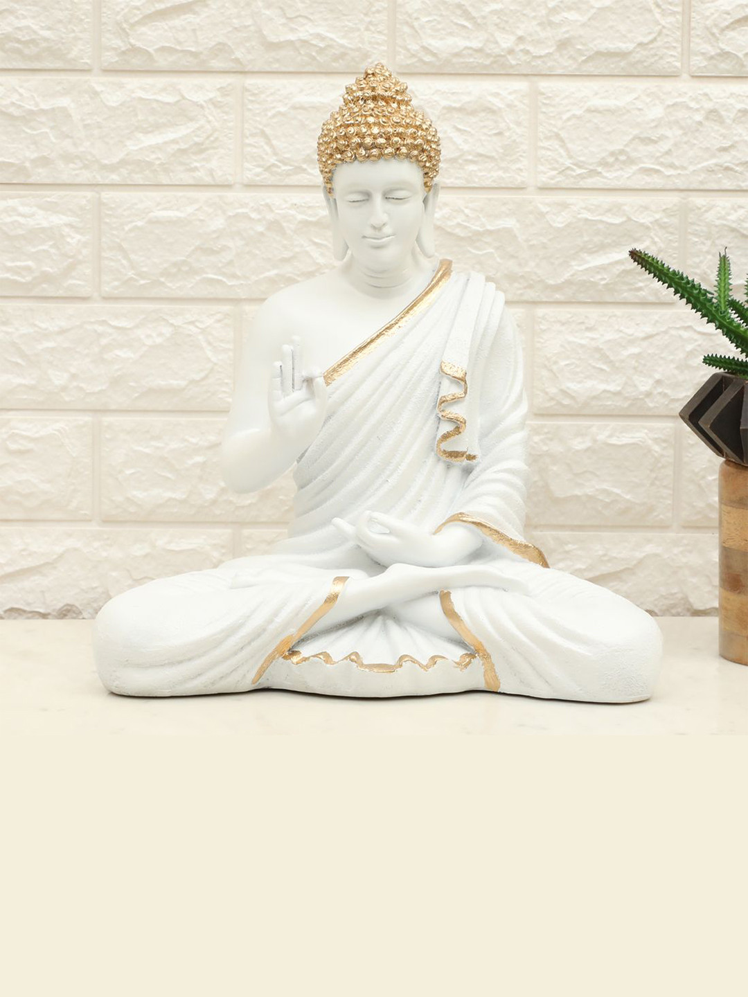vedas S-Ory Buddha White Polyresin Glossy Living Room Medium Showpiece - 15 Inches