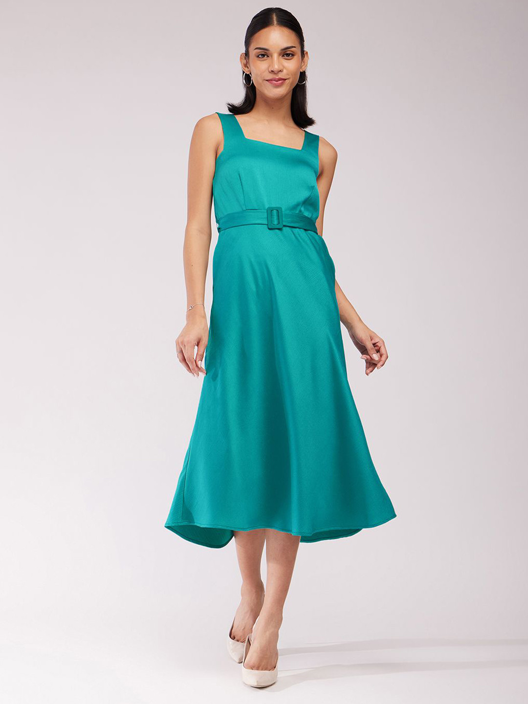 FableStreet Satin Belted A-Line Midi Women Dress