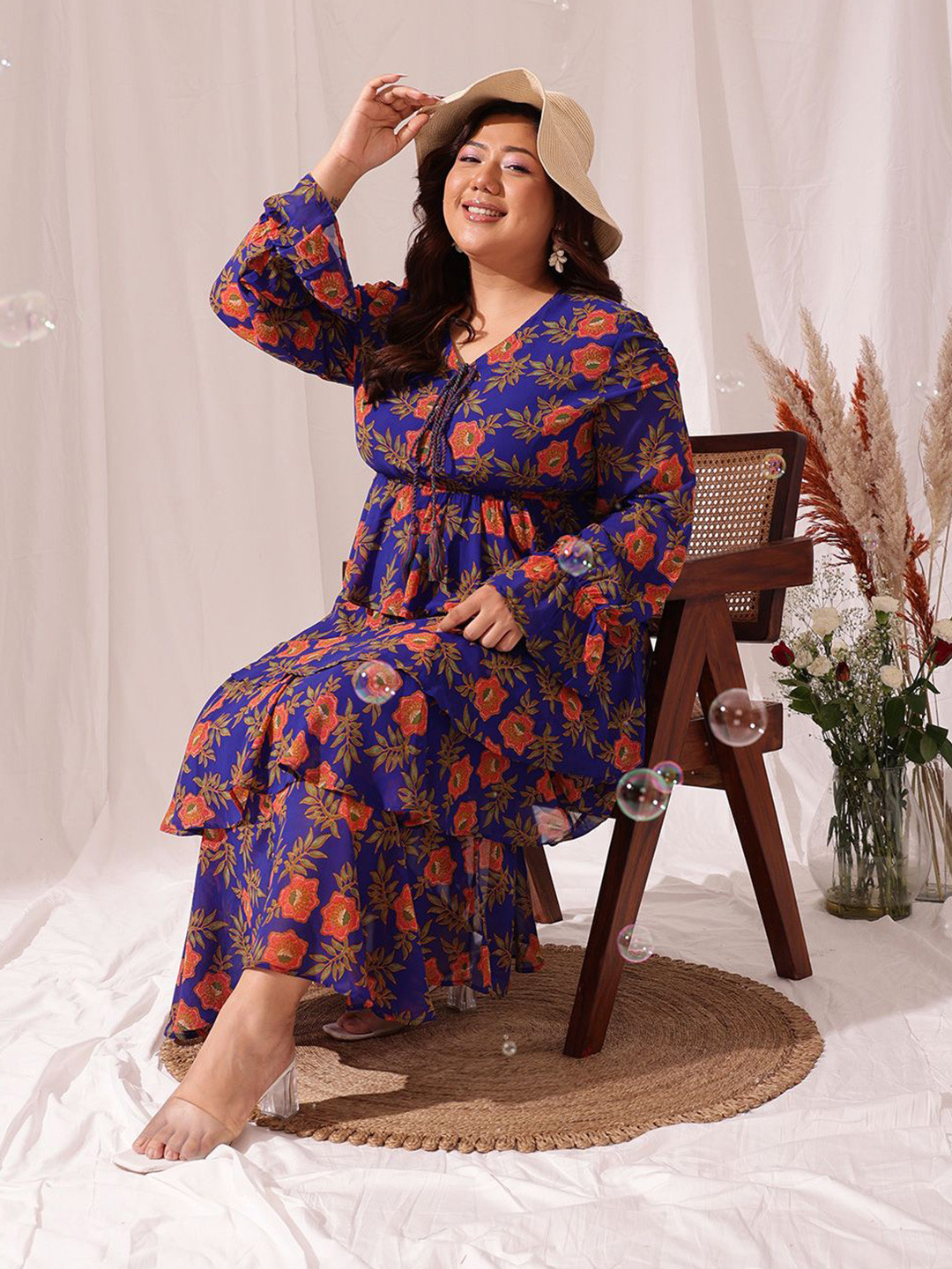 CURVY STREET Floral Printed Plus Size Chiffon Fit & Flare Midi Dress