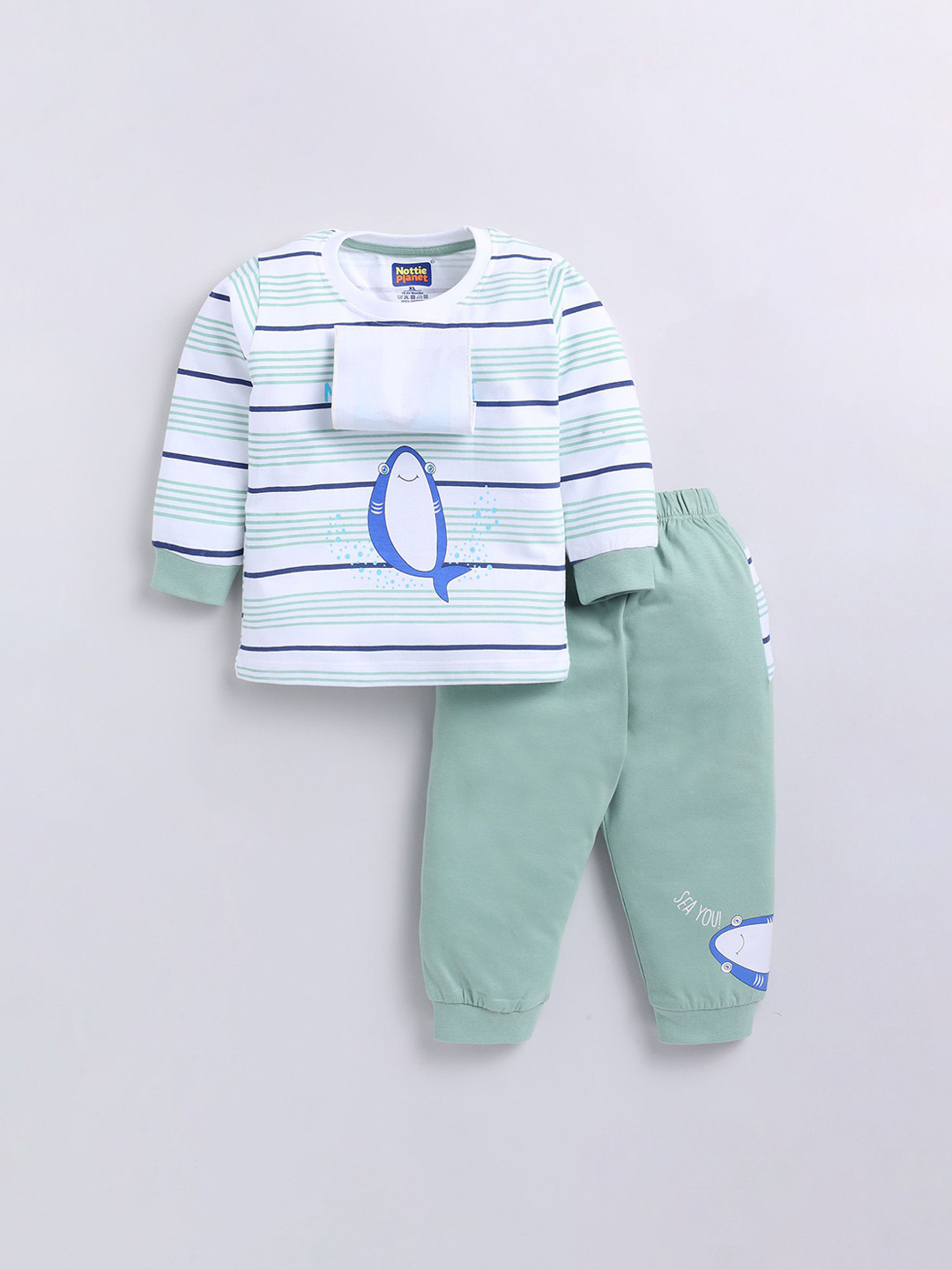 Nottie Planet Boys Planet Fish Printed Round Neck Pure Cotton T-shirt With Jogger