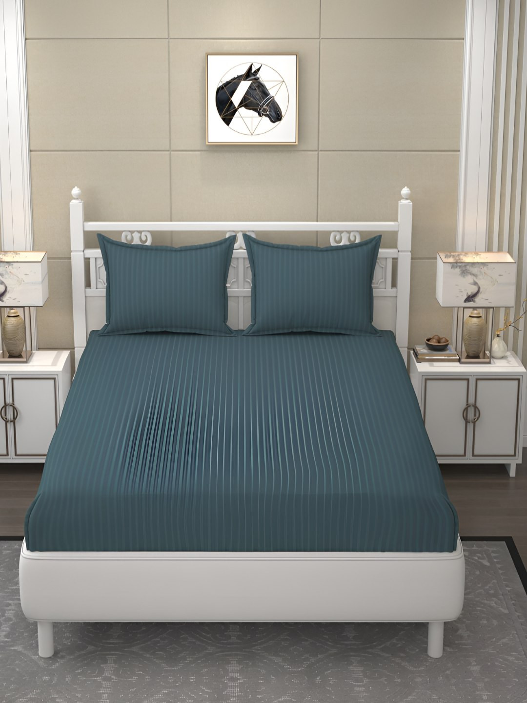 B' Decorlish Teal Blue Striped 210 TC Satin King Bedsheet With 2 Pillow Covers