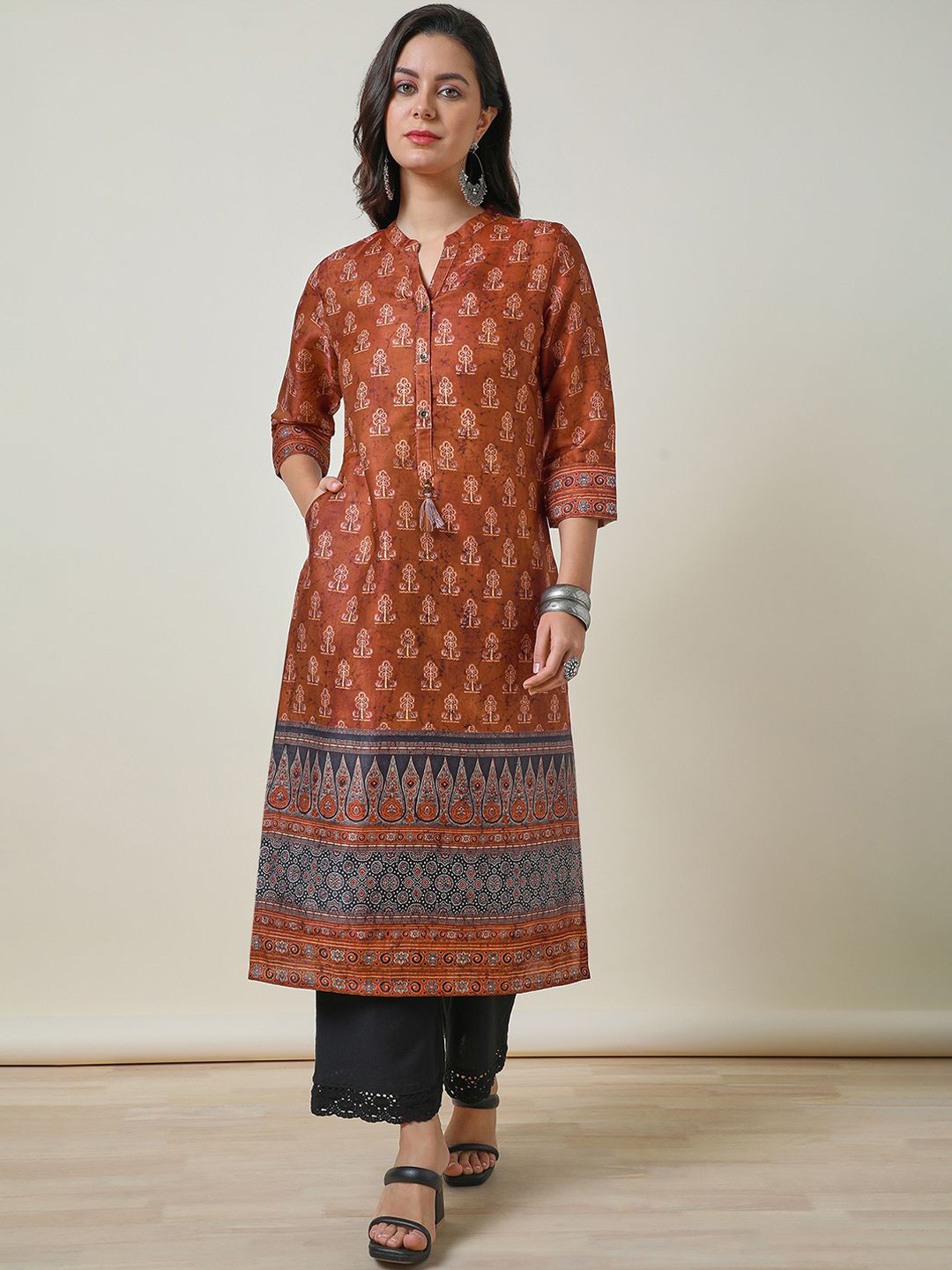 Soch Rust Ethnic Motifs Printed Band Collar Straight Kurta