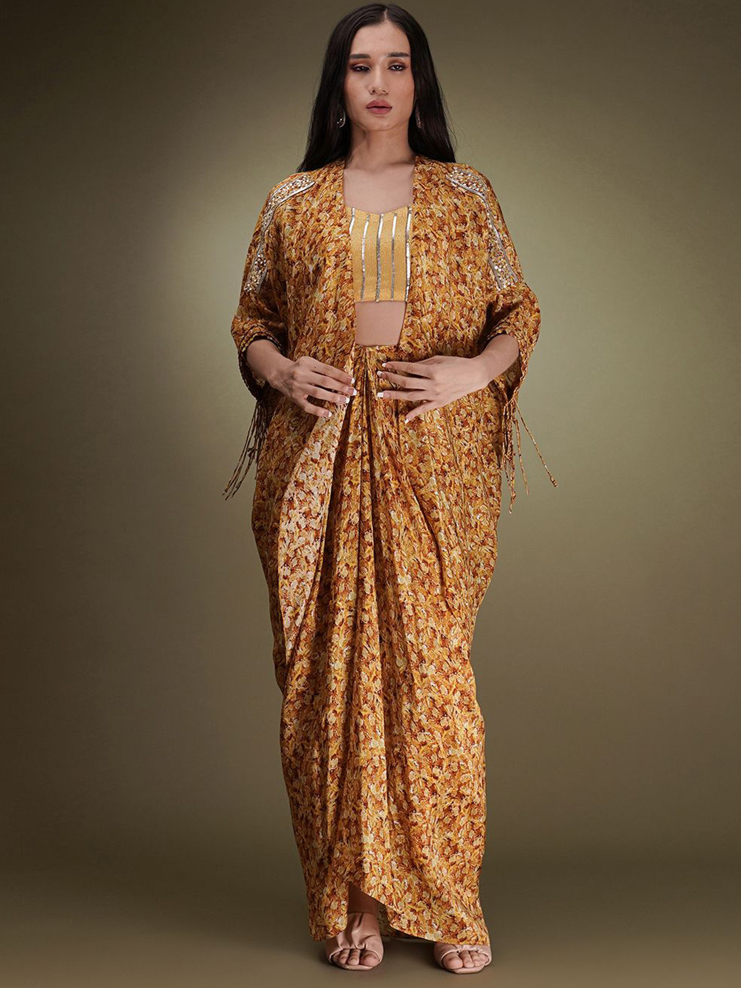 Breathe by Aakanksha Singh Striped Shoulder Strap Top With Skirt & Front Open Shrug