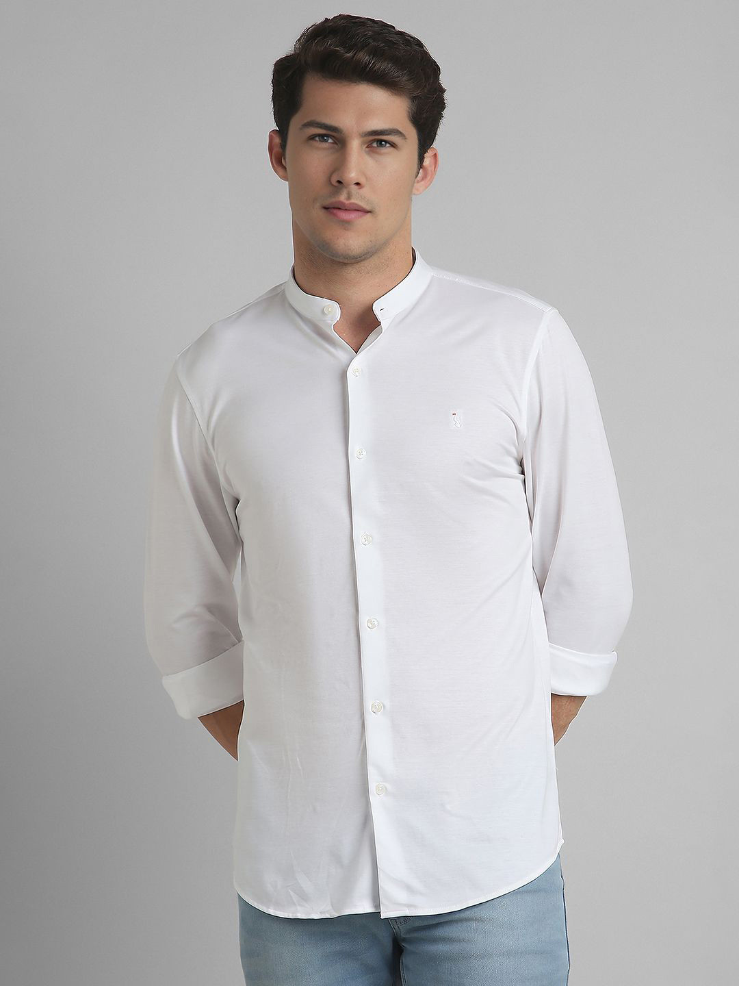 SIMON CARTER LONDON Men Band Collar Solid Cotton Slim Fit Casual Shirt