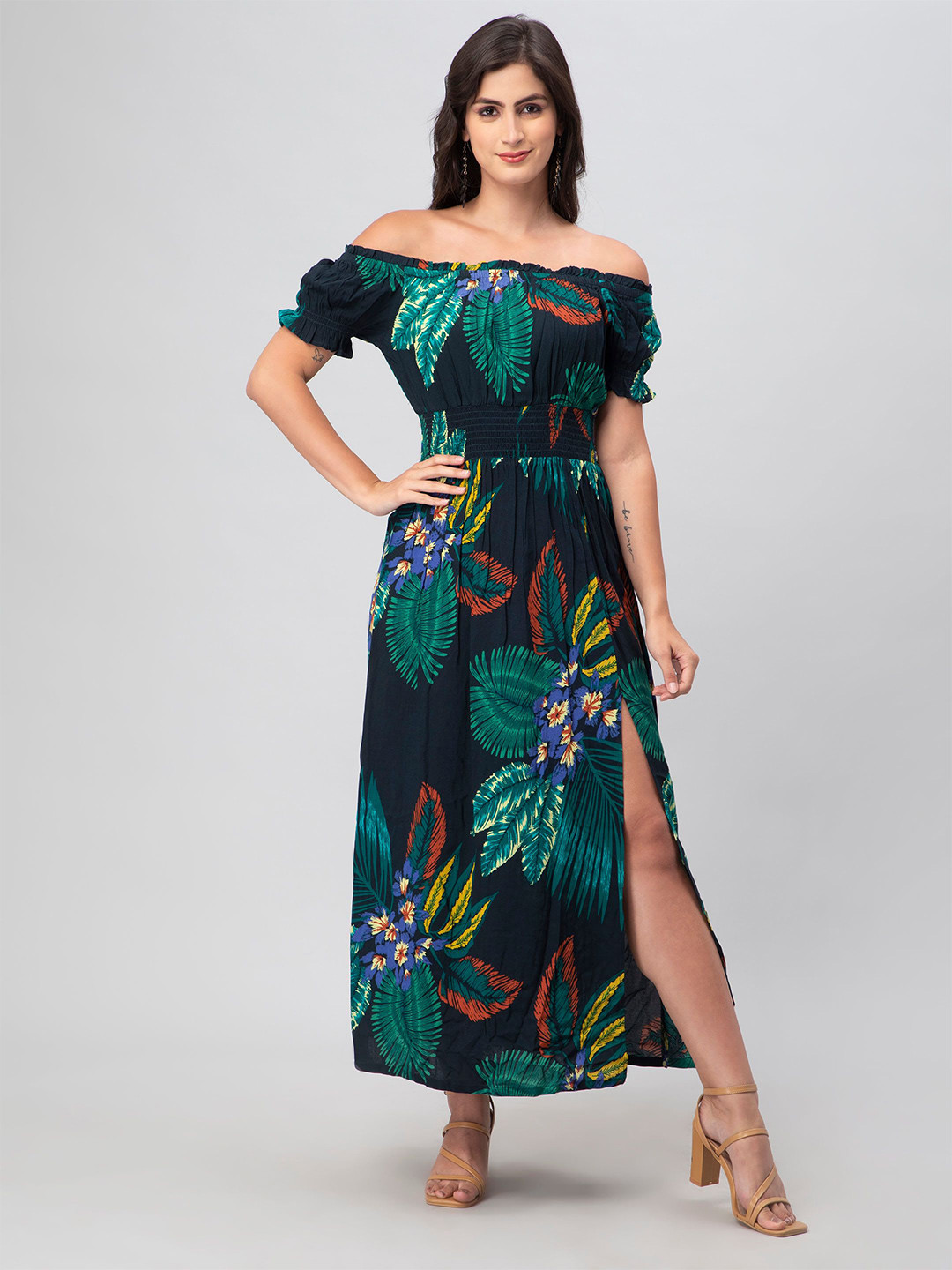 DEBONATELLA Floral  Printed Off-Shoulder Puff Sleeve Maxi Dress