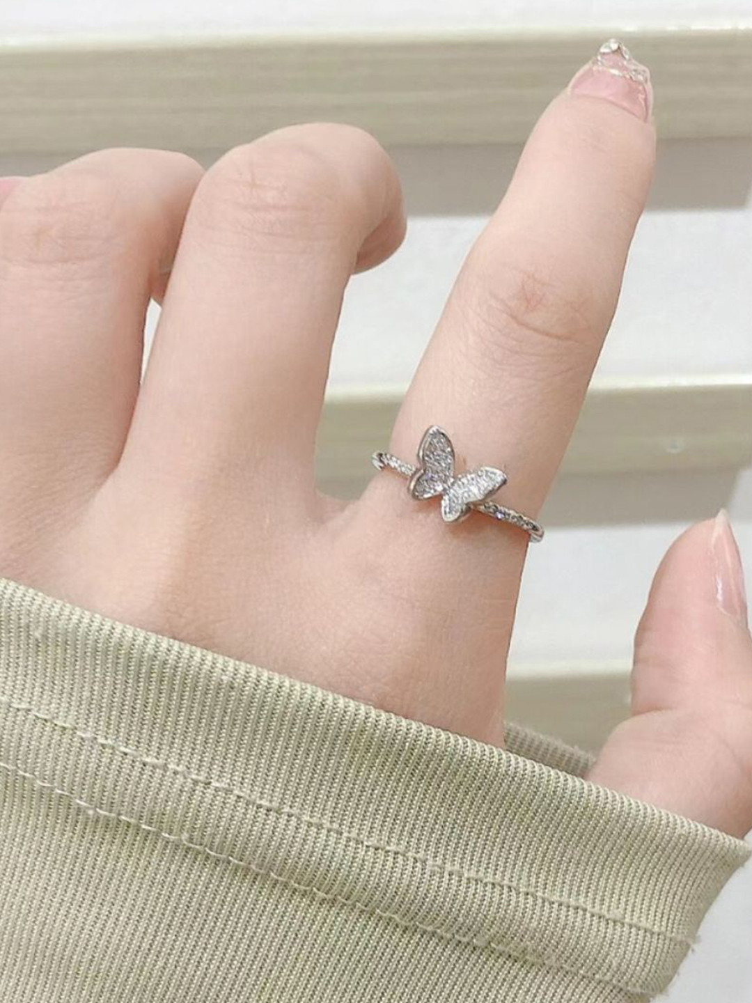 SALTY Butterfly Silver Plated Stone Studded Finger Ring